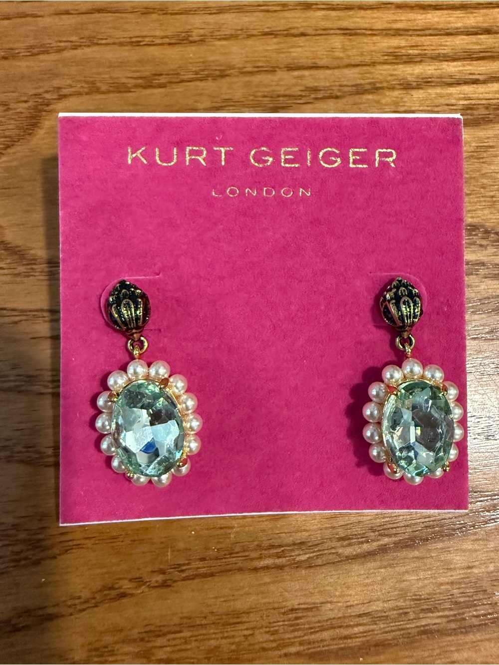 Kurt Geiger Mint Green Crystal Pearl Halo Drop Earrings
